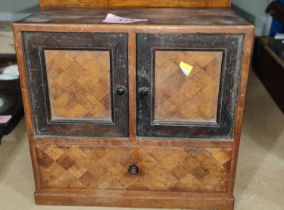 A small walnut and marquetry collectors cabinet, with two fold away doors with two interior