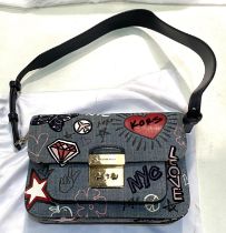 Michael Kors - 'Sloan Editor' embroidered washed denim blue shoulder crossover graffiti bag with bag