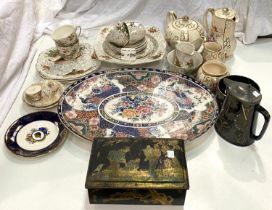 A selection of oriental style teaware/tins etc with large oriental platter; Victorian style figures