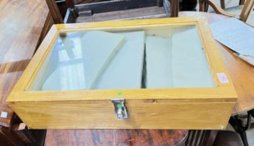 A portable pine framed display case for watches and jewellery, 62 x 41 x 15cm