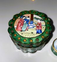 A Cantonese circular covered box in enamel decorated with Chinese figures, diameter 7cm; a modern