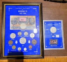 A George VI currency set, framed; a 1937 crown