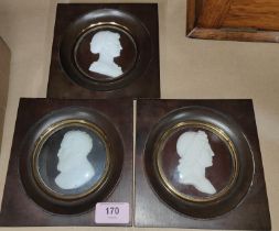 Three uniformly framed 19th century cameos in white paste, one signed G. Gnaccorini, sizes 15 x 15