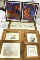 A set of 5 Pooh Bear cartoon prints, framed and glazed; a pair of Picasso style prints, signed