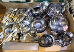 A selection of silver plate:  2 x 3 piece period style tea sets; a large quantity of cutlery; etc.