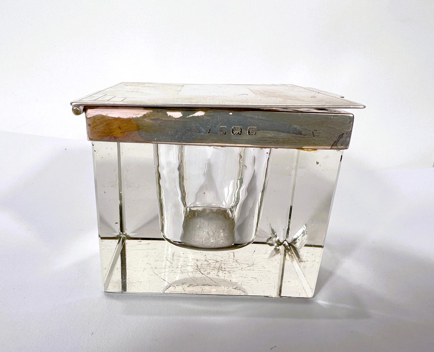 A square glass inkwell/paper weight with engine turned hallmarked silver lid and rim; a pierced - Image 6 of 10