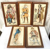 A set of 5 double ceramic tile pictures depicting Dickens characters, framed