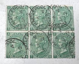 GB: QV, 1s green, Plate 5, SG 117, used block of 6