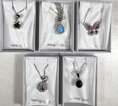 5  original-boxed sterling silver pendants with coloured stones.