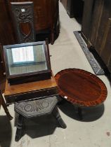 An early 20th century carved oak spinning chair; a mahogany 2 tier occasional table with square top;