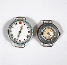 Two enamel and silver wristwatches, white dials, Roman and Arabic numerals