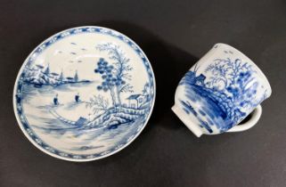A First Period Worcester soft paste porcelain in blue and white cup and saucer traditional scene,