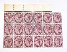 GB: QV, 1d lilac, margin block of 18, U/M, horizontal crease