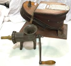 A pair of large vintage foot bellows; an industrial mincer/sausage maker