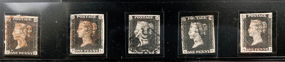 GB: QV, 1d Black, used, a group of 5 examples