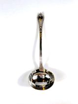 A hallmarked silver large soup ladle with thread border and beaded terminal, London 1864, 10oz