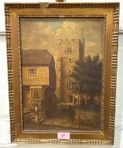 19th century oil:  church by a house; 2 modern oil paintings, floral subjects