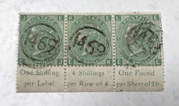 GB: QV, 1s green, Plate 5 SG 117, used group of 3 with margin