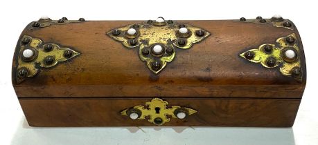 A 19th century burr walnut dome top box with brass fittings and white studded decoration. Length