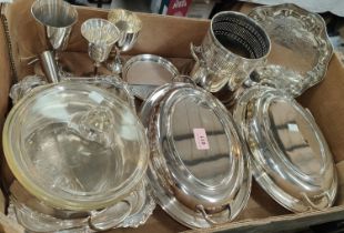 A pair of silver plated entrée dishes; other silver plate