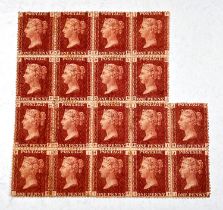 GB: QV, 1d Red Plate 223, block of 18, U/M, cracks to gum