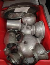 A selection of pewter metalware including tankards etc