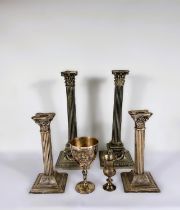 Two pairs of Corinthian column candlesticks, heights 31 & 21cm; a silver kiddush cup; a silver