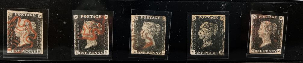 GB: QV, 1d Black, used, a group of 5 examples