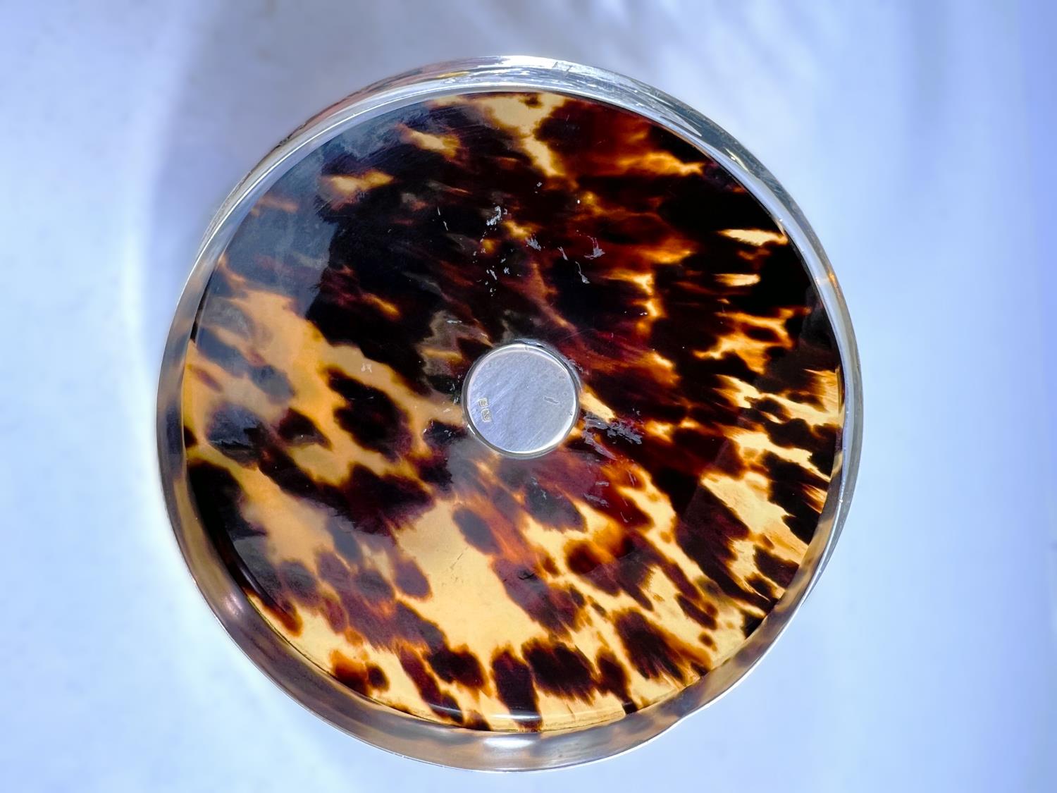 A large circular cut glass tray; powder bowl with tortoise shell and a hallmarked silver lid, London - Image 5 of 6