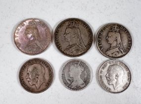 GB pre-1920 silver coins: 1 crown, 2 double florins, 2 half-crowns and 1 florin