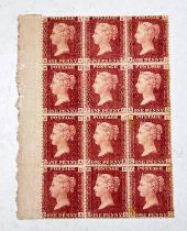 GB: QV, 1d Red Plate 149, block of 12, U/M, cracks to gum, horizontal perforation split