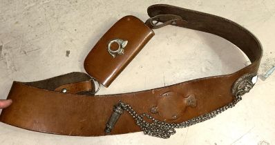 A late 19th/early 20th century offices cross belt with horn badge to pouch and whistle and chain