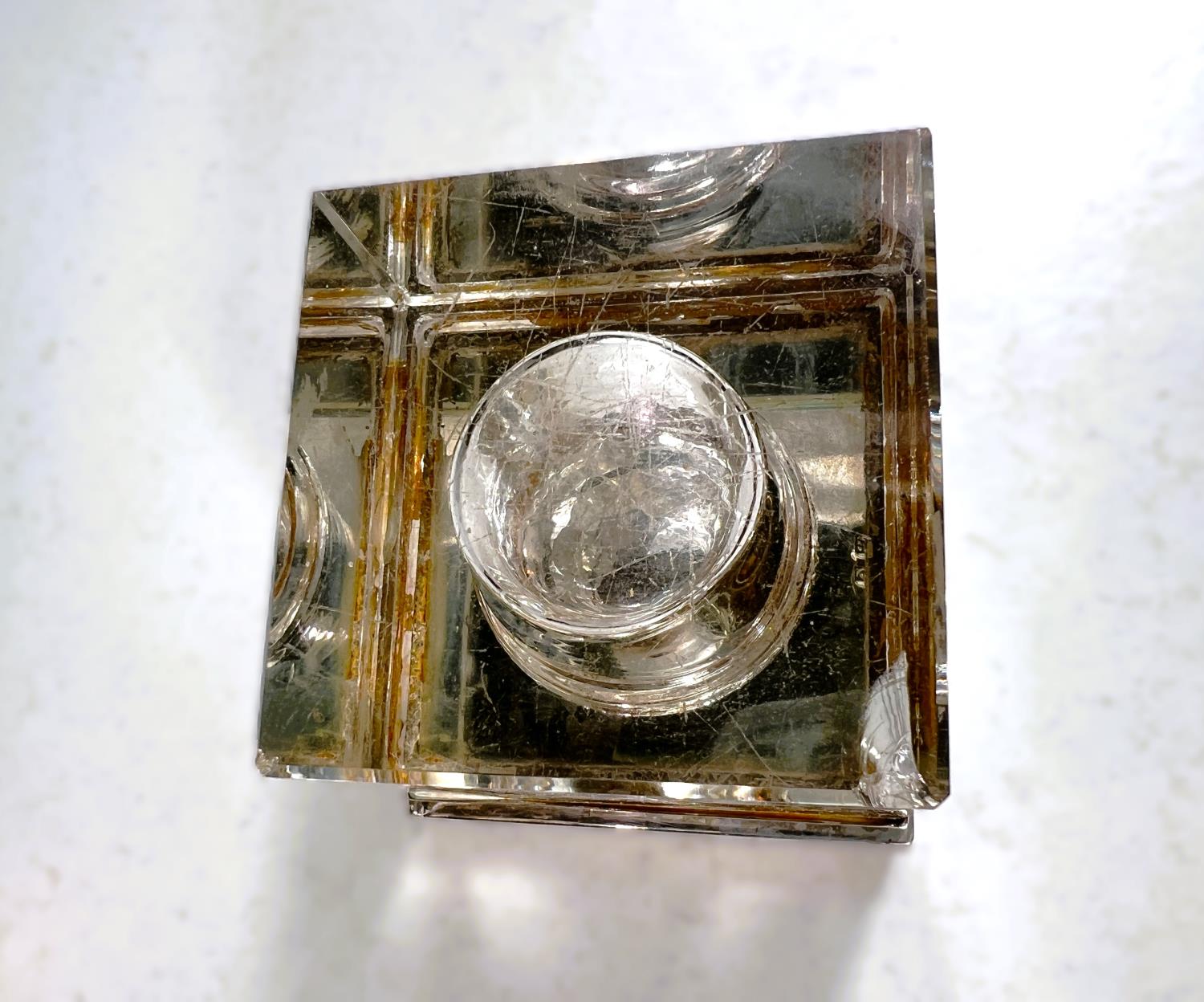 A square glass inkwell/paper weight with engine turned hallmarked silver lid and rim; a pierced - Image 5 of 10