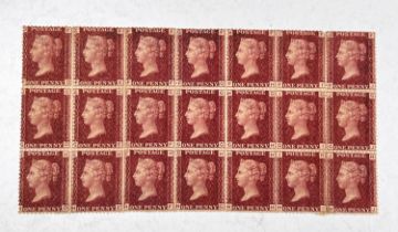 GB: QV, 1d Red Plate 167, block of 21, M/M some creasing and perforation splits