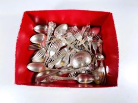 A selection of Kings pattern silver plated cutlery; a silver and enamel teaspoon