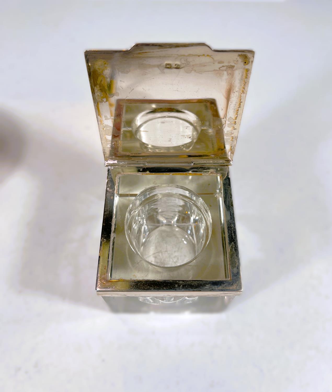 A square glass inkwell/paper weight with engine turned hallmarked silver lid and rim; a pierced - Image 3 of 10