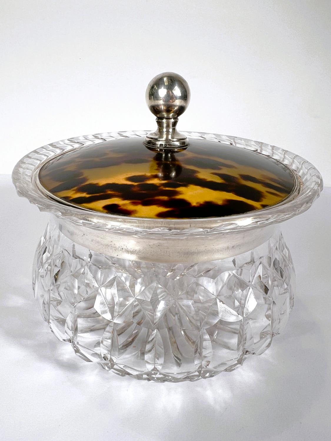 A large circular cut glass tray; powder bowl with tortoise shell and a hallmarked silver lid, London - Image 4 of 6