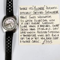 A Bucherer gents vintage c. 1970's automatic chronometer with silvered dial and grey border, on