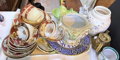 A Noritake style vase; Aynsley and similar red and gilt teaware; a selection of decorative china