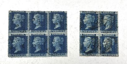 GB: QV, 2d Blue perf. , block of 6 Plate 14, block of 4 Plate 8, used