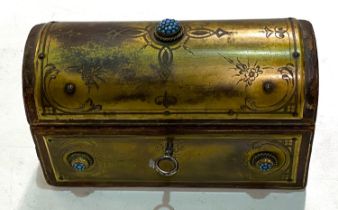 A late 19th century leather and brass bound box with bottles fitted internally (spaces missing) with