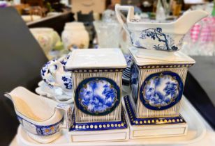 A pair of Vienna pedestals in blue and white; other blue & white china