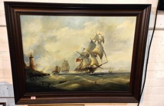 Michael J Whitehand (British 1941) Oil on canvas of Galleon just off coast with other ships on