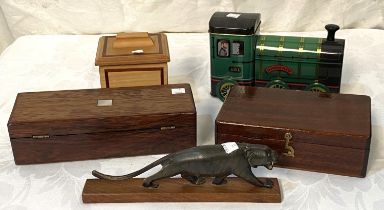 Two mahogany boxes; wooden and metal ornaments