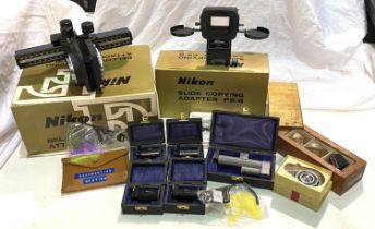 Nikon F boxed accessories, a selection of photography filters and accessories; various camera