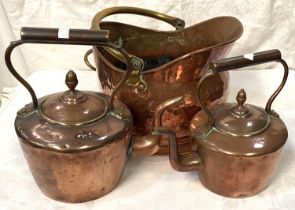 A 19th century copper coal scuttle; 2 19th century copper kettles