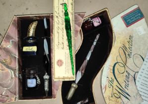 Three boxed reproduction Victorian style glass pen gift sets with ink etc