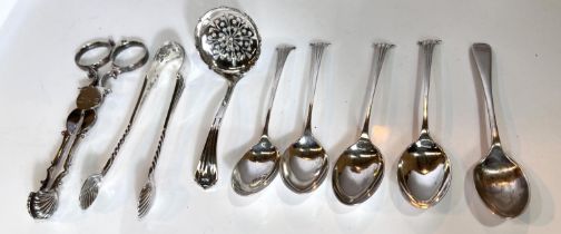 A hallmarked silver set of 4 teaspoons with scrolled terminals; a hallmarked silver teaspoon;