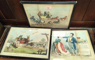 Three satirical coloured prints in the late 18th/early 19th century style, 26 x 36cm, framed and