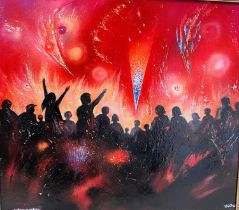 David Wilde: Northern Artist, acrylic oil on card  of crowd watching fireworks, 61 x 70cm, gilt